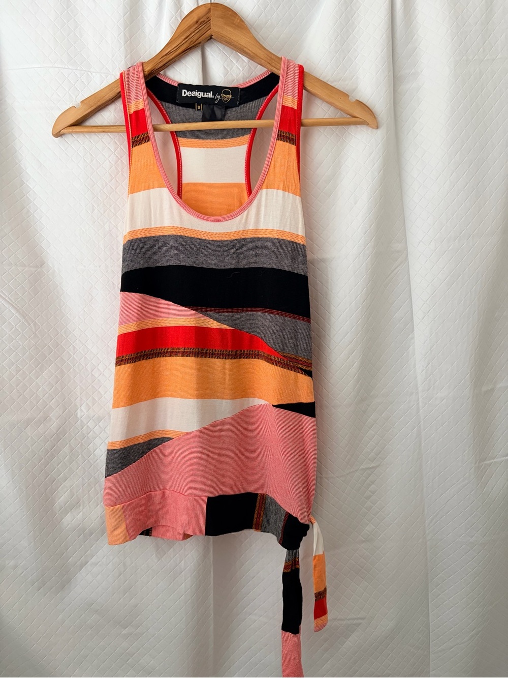 Desigual Coral Pink Orange Black Striped Racerback Tank with Side Tie